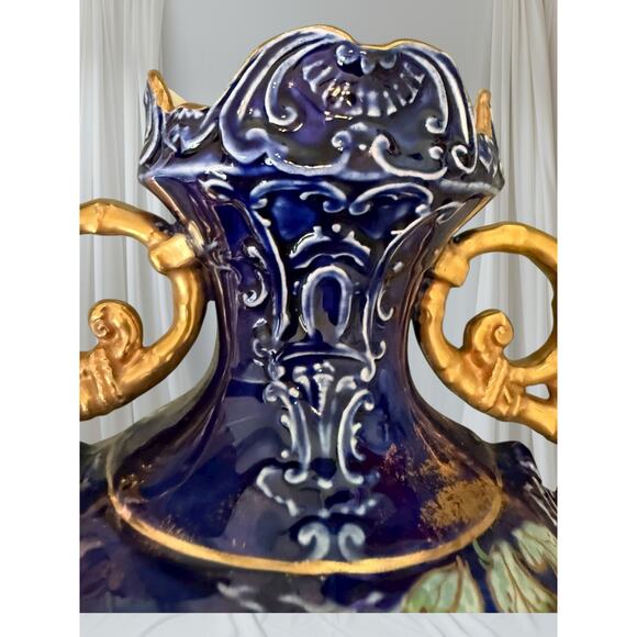 Antique Cobalt Blue Hand-Painted Floral Urn Vase, Gold Gilt Handles, 1890-1920 - Picture 5 of 10